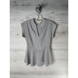 Monteau Los Angeles Shirt Womens Small Black White Striped Peplum V-Neck Casual